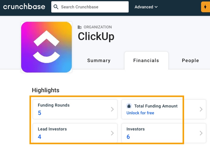 Screenshot of Clickup's funding history on Crunchbase.