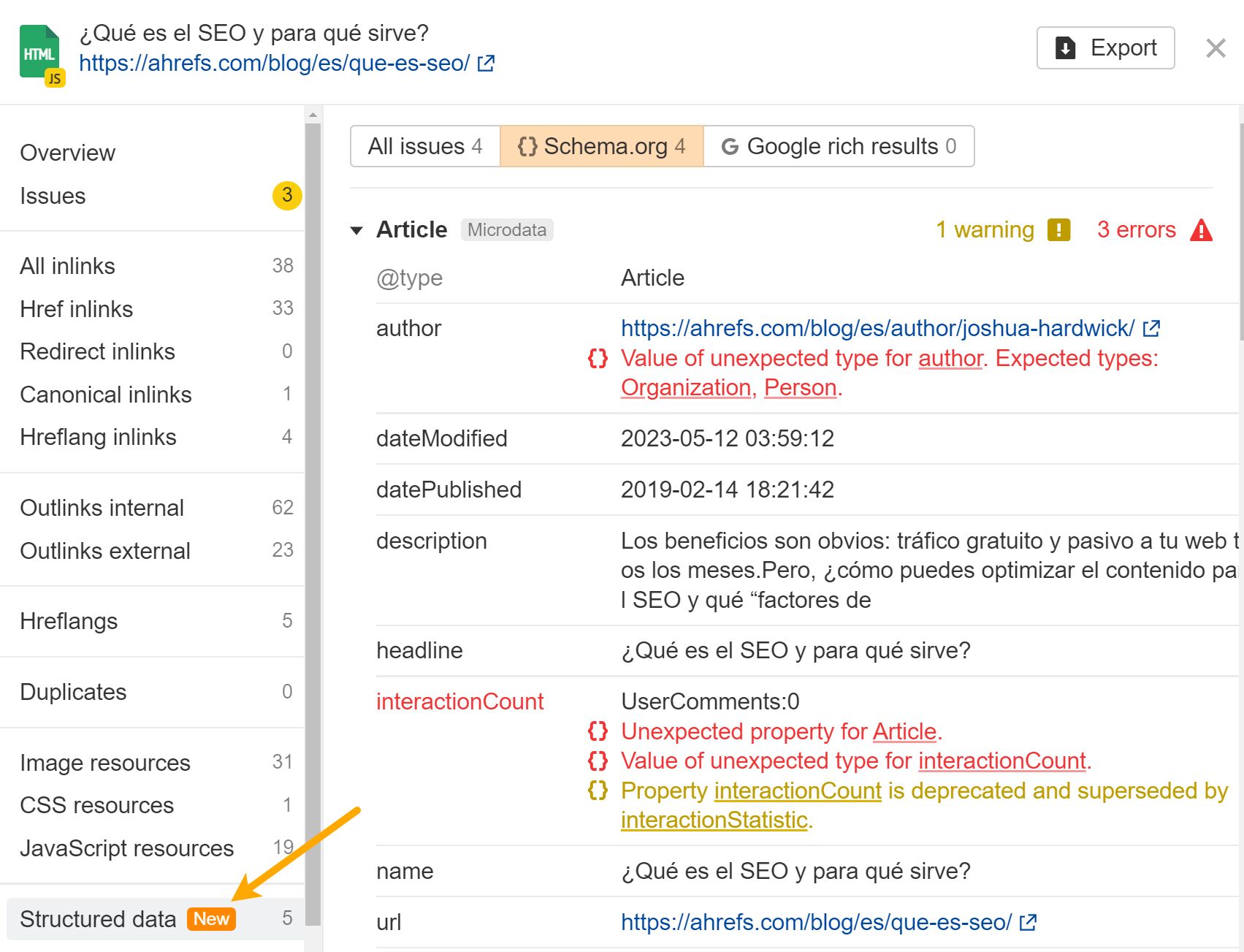 Structured data validation in Ahrefs' Site Audit