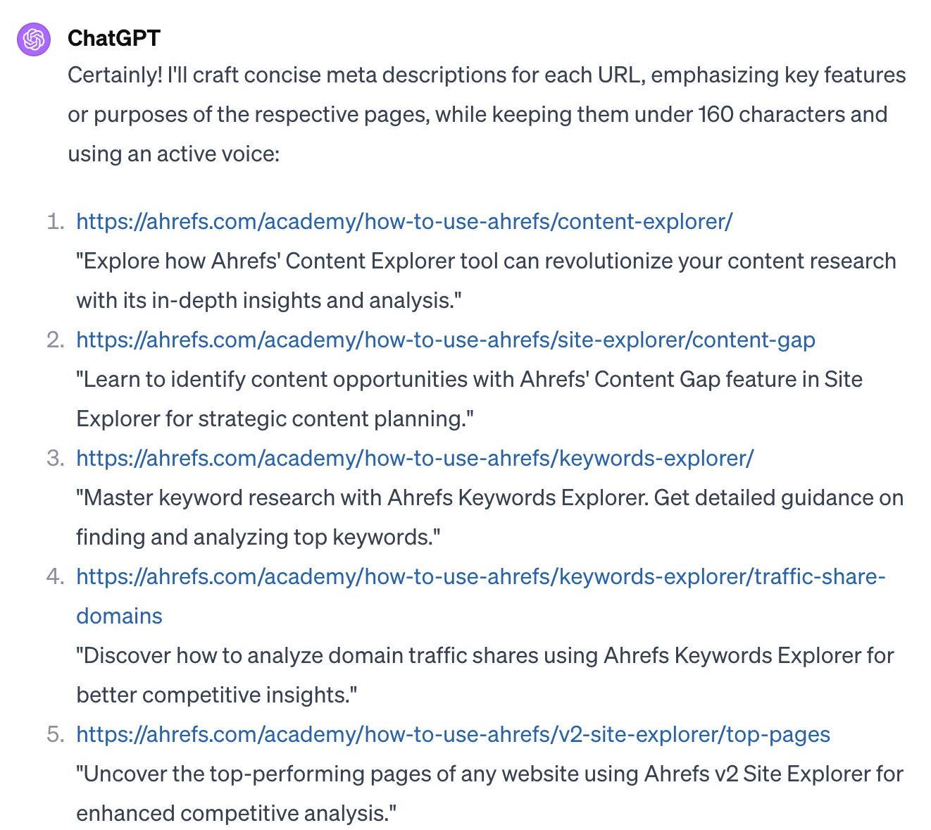 Suggested meta descriptions by ChatGPT