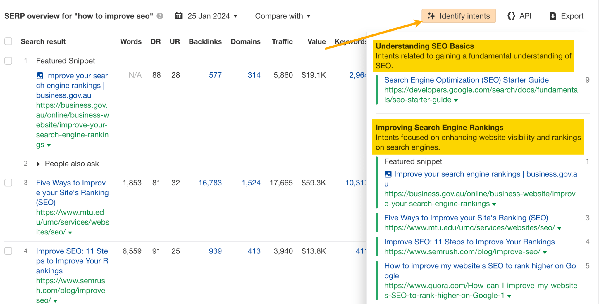 The "Identify intents" feature in SERP Overview, in Keywords Explorer