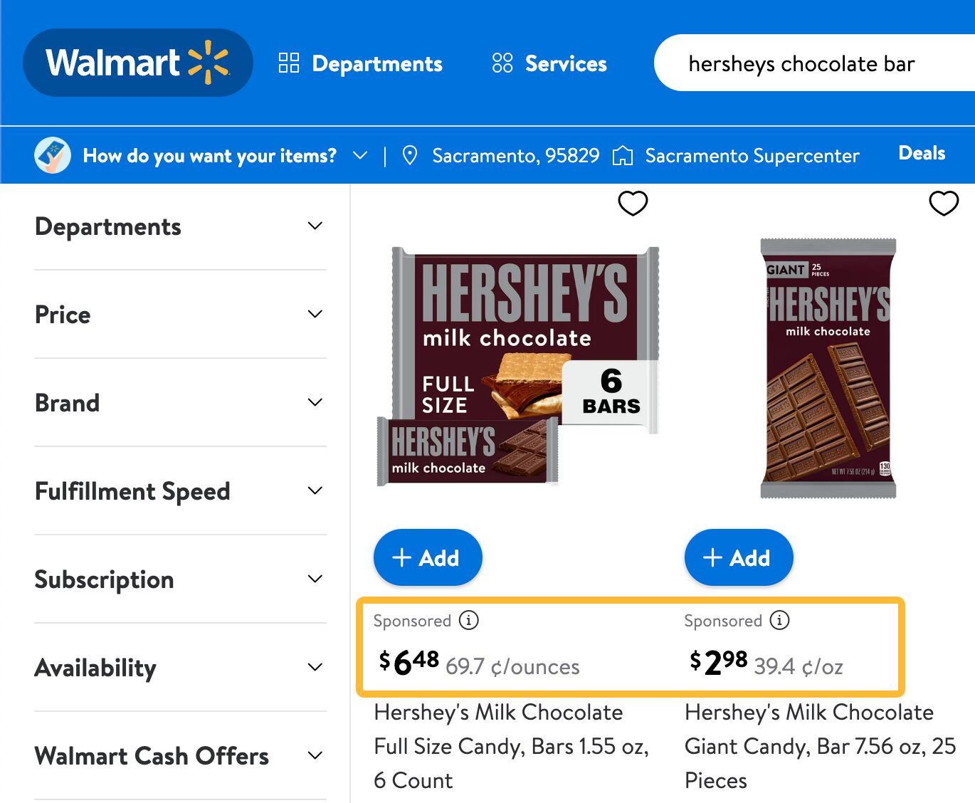 Walmart lists prices for Hershey candy even though their official website doesn't