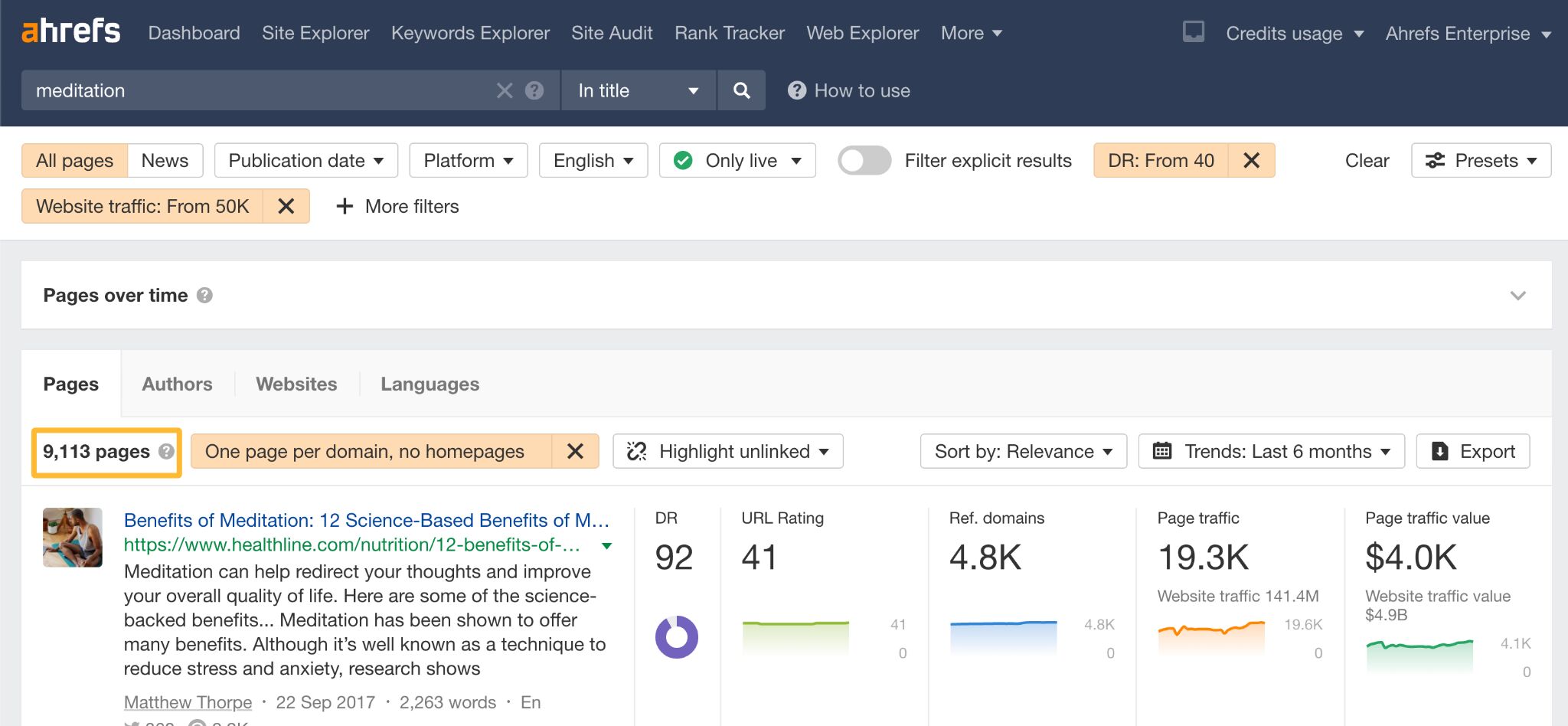 Content data example in Ahrefs.