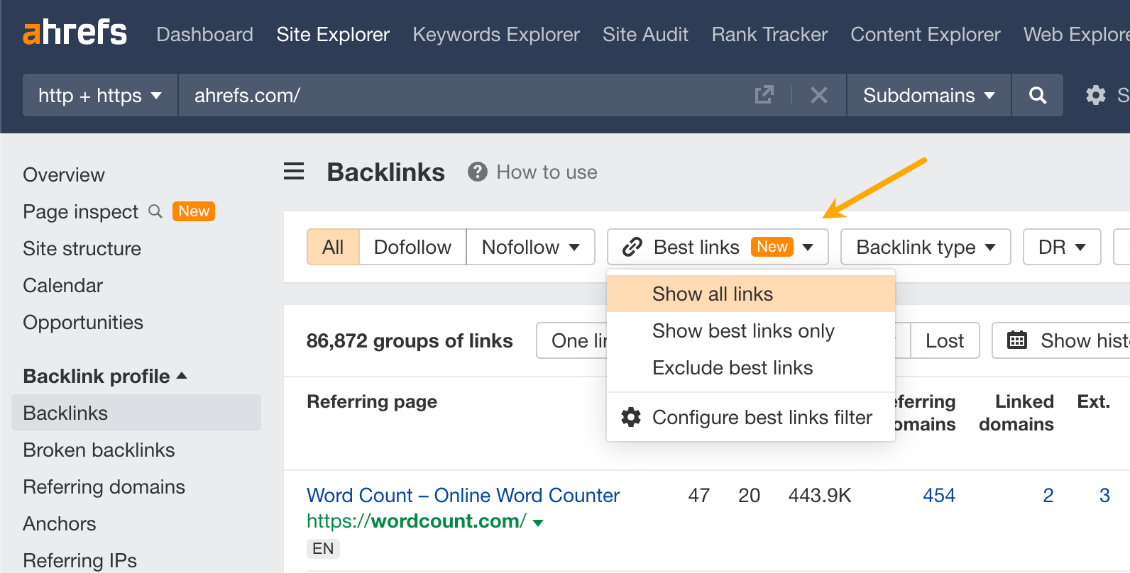 Best link filter in Ahrefs.