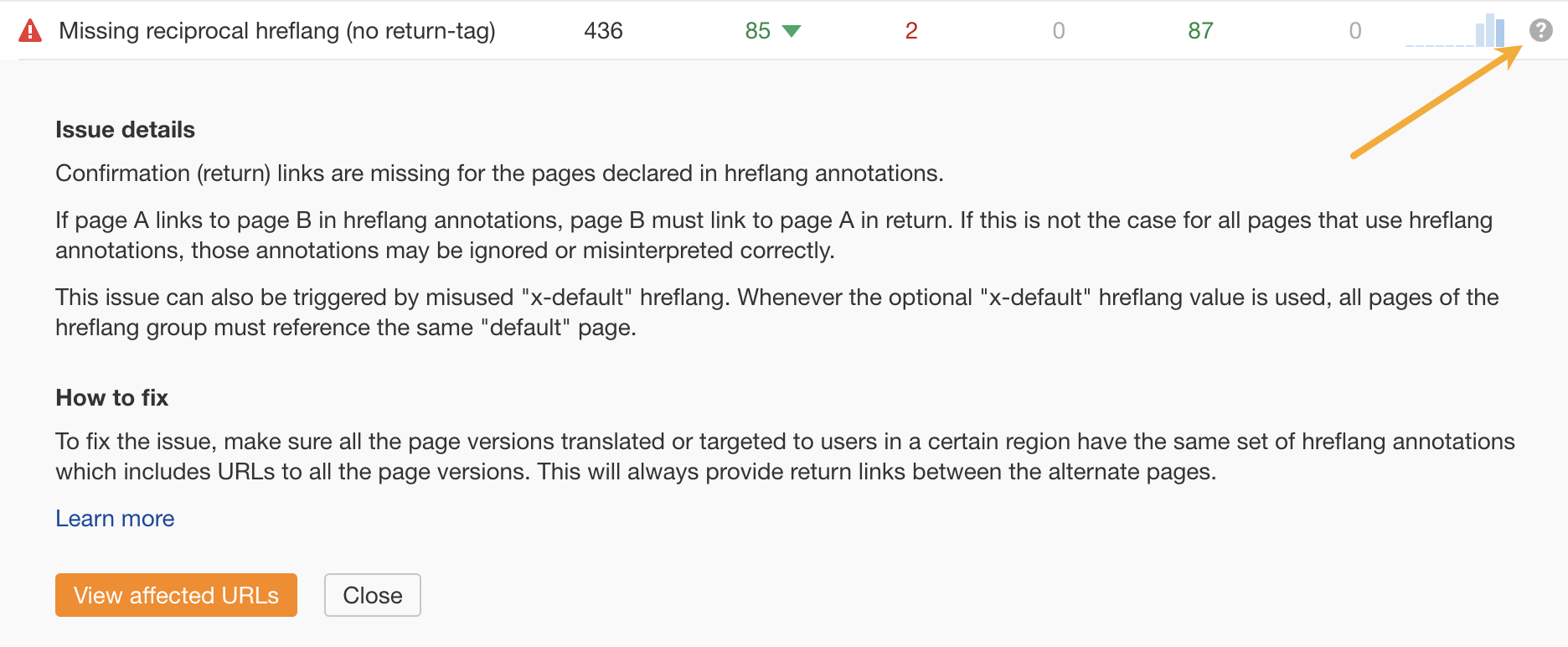 How to Get SEO Buy-In: 7 Actionable Tips | Example of a tip for how to fix hreflang issues in Ahrefs' Site Audit.