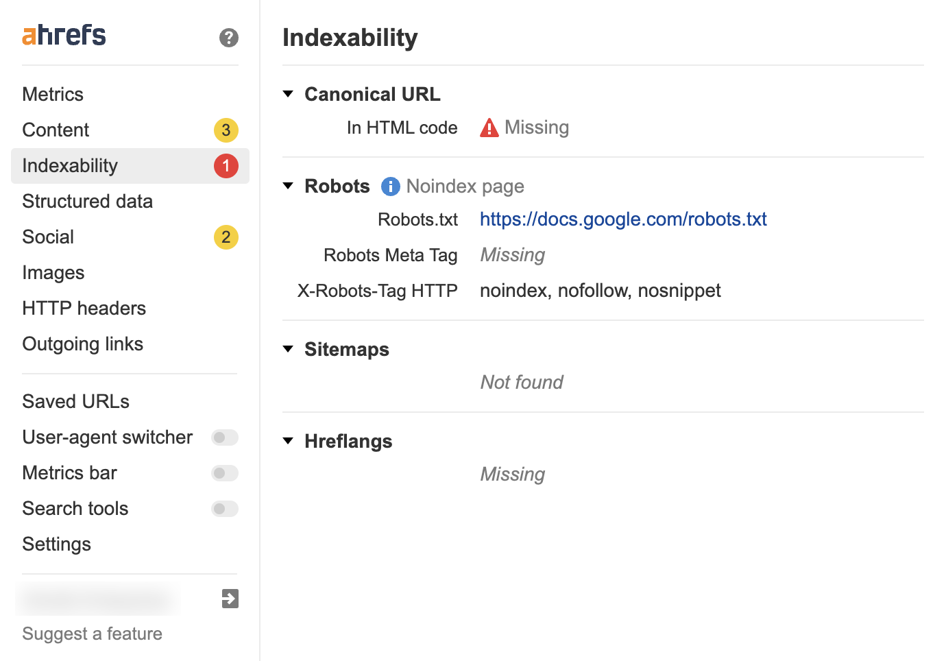 8 Free SEO Reporting Tools | indexability-tab-ahrefs-seo-toolbar