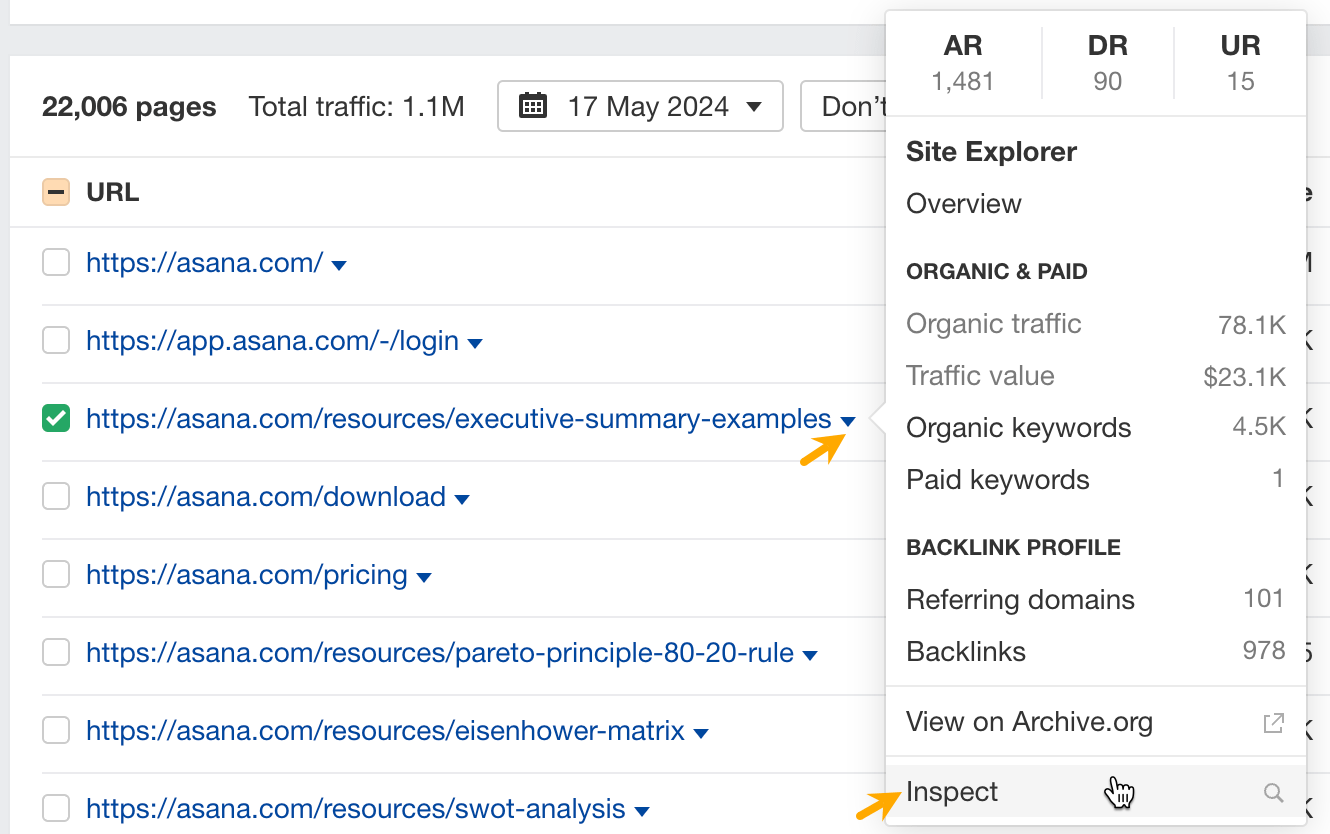 Accessing the Inspect tool contextually.  