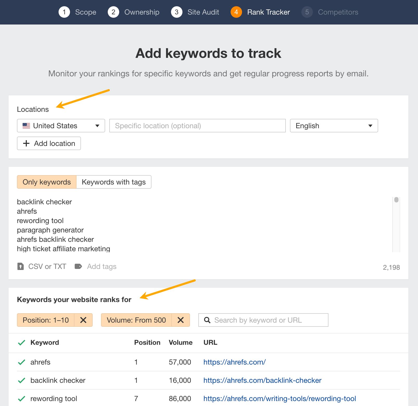 Adding keywords to track in Ahrefs Rank Tracker. 