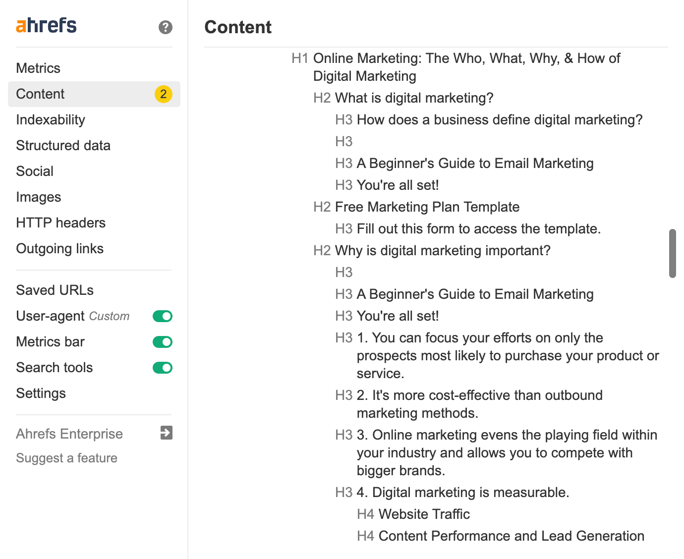 Content structure displayed in Ahrefs SEO Toolbar. 