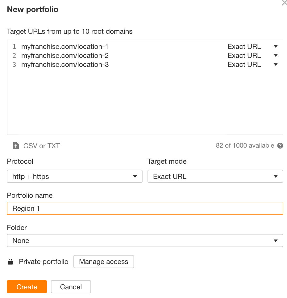 Using Ahrefs' Portfolio feature for segmenting local pages and tracking performance.