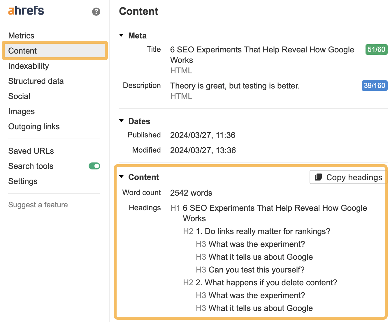 Ahrefs SEO Toolbar Content tab example