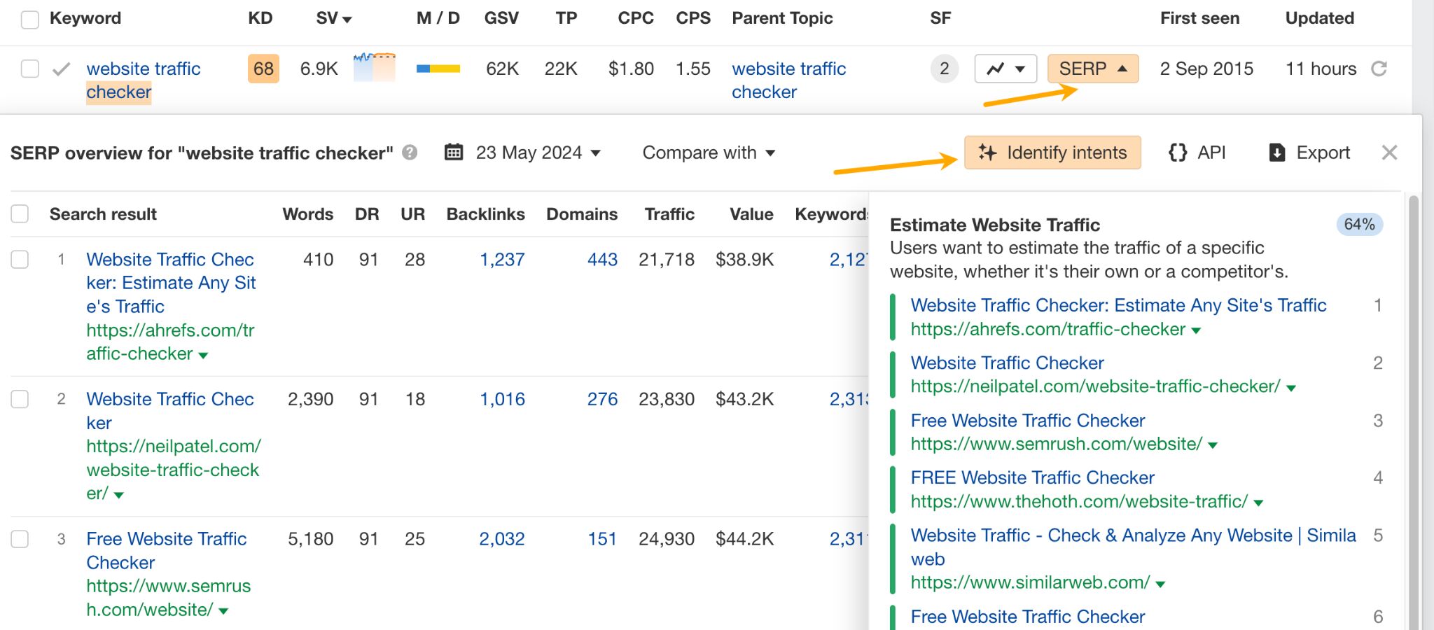 AI search intent identification feature in Ahrefs. 