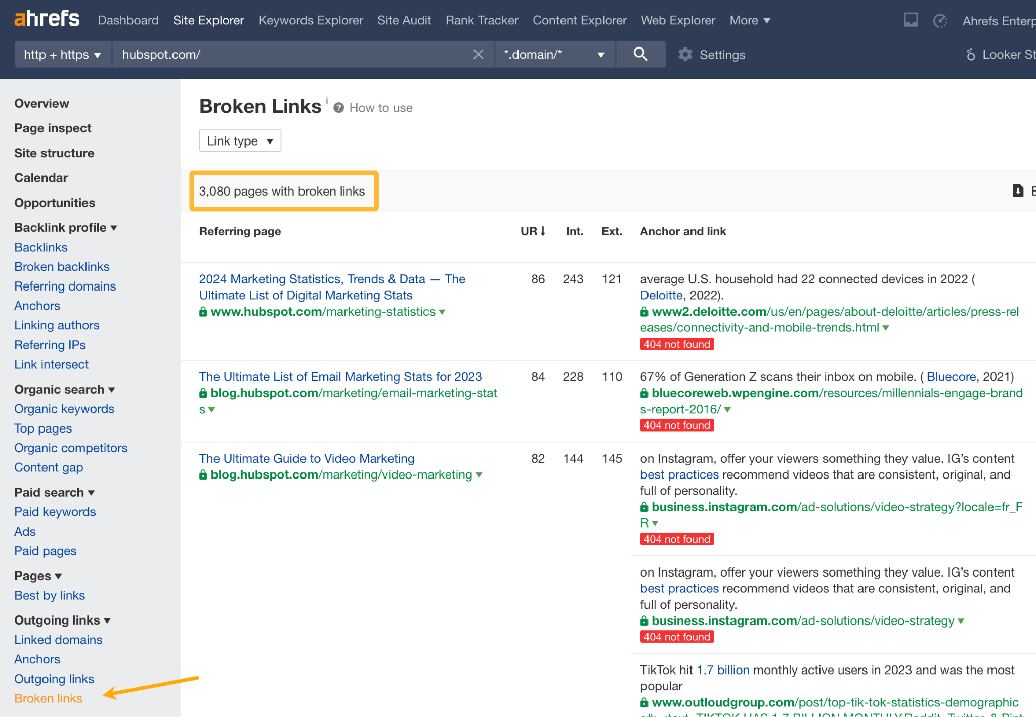 Broken links report via Ahrefs. 