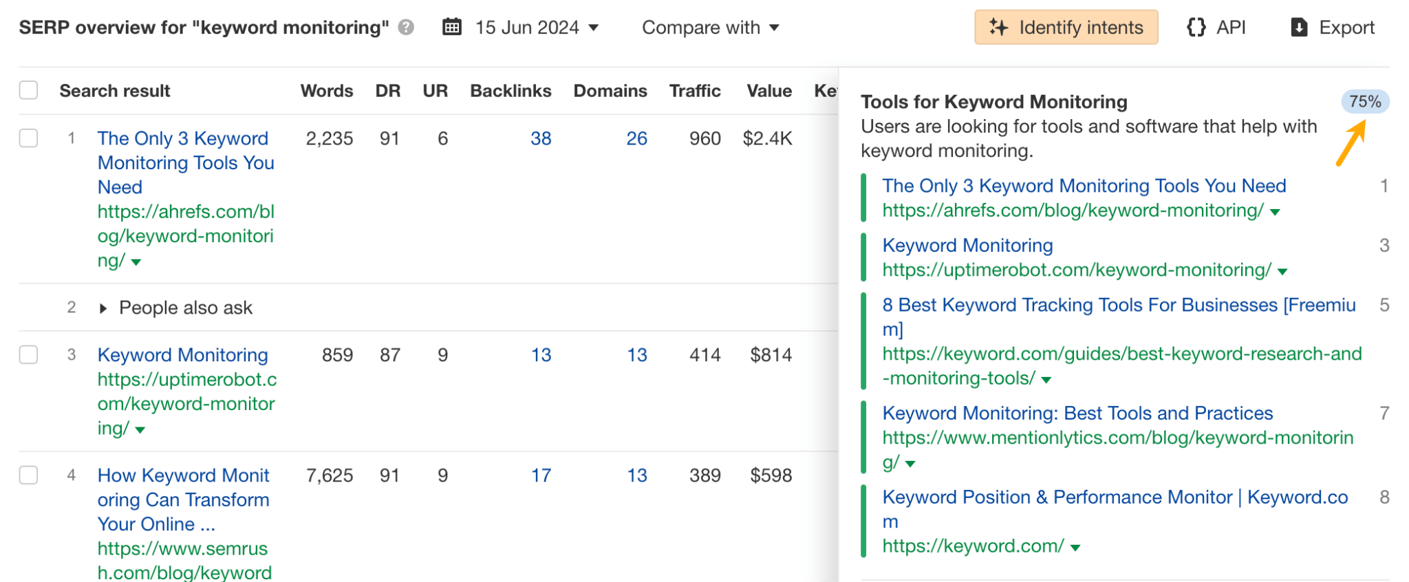 Identify intents feature in Ahrefs. 