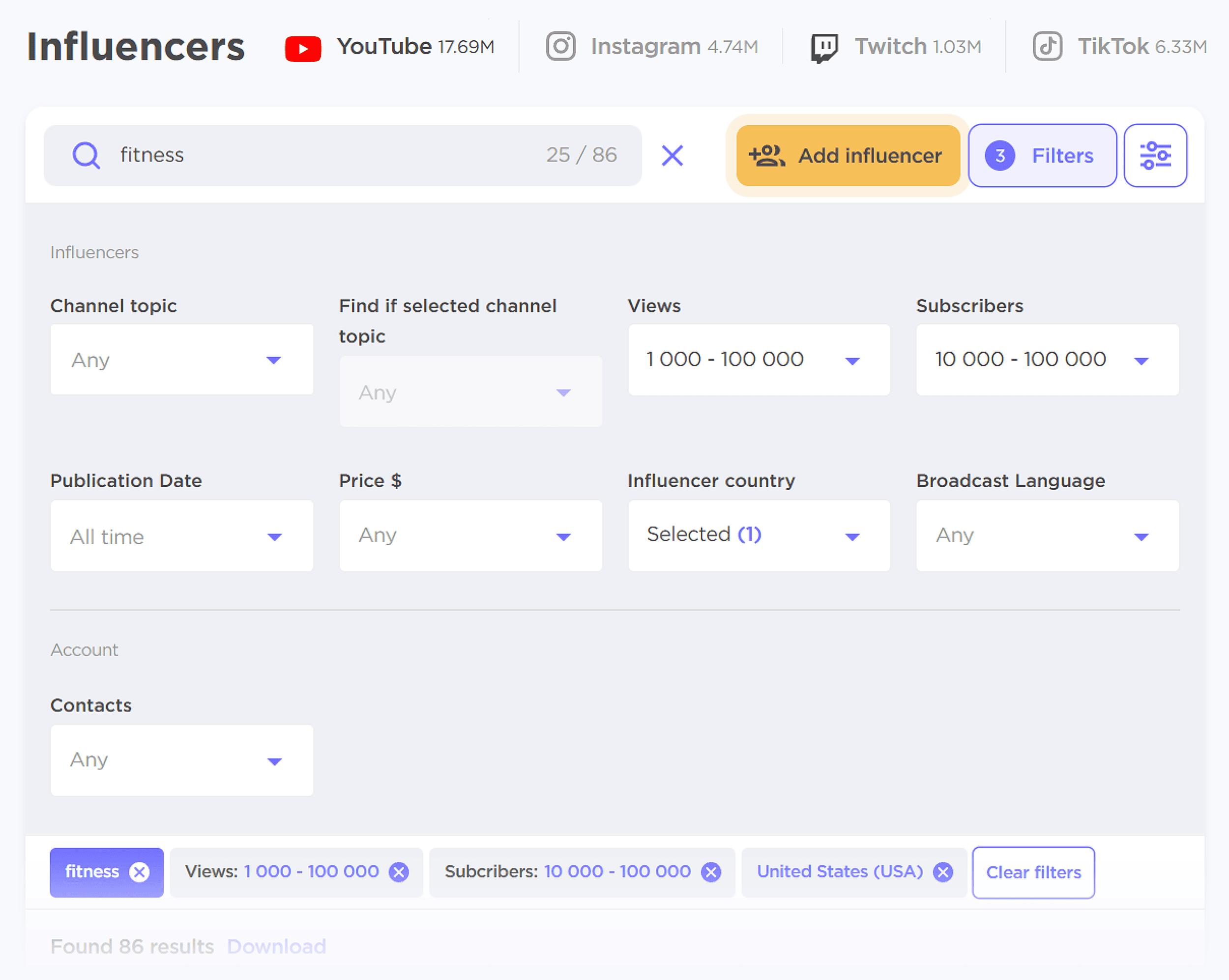 Influencer Analytics – Search filters Influencer Analytics – Search filters