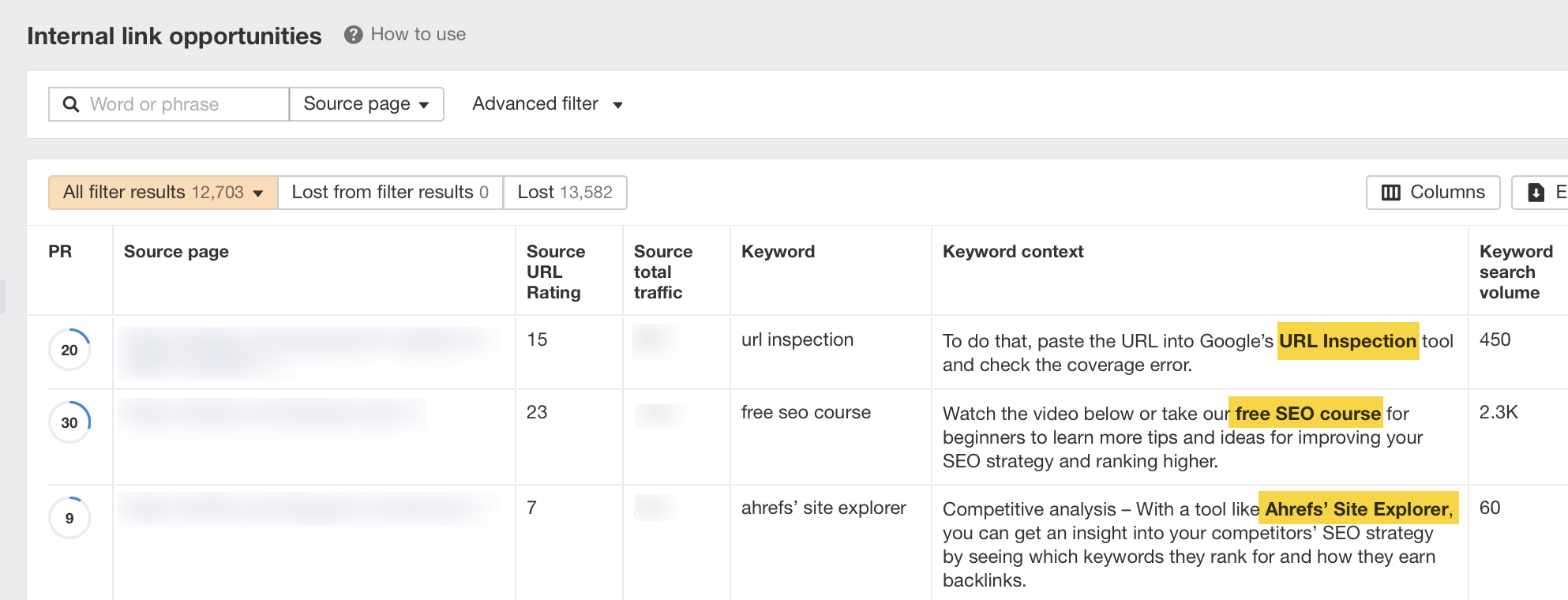 Internal Link Opportunities, via Ahrefs' Site Audit