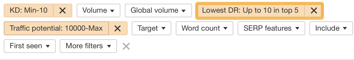 Lowest DR filter example, Via Ahrefs' Site Explorer