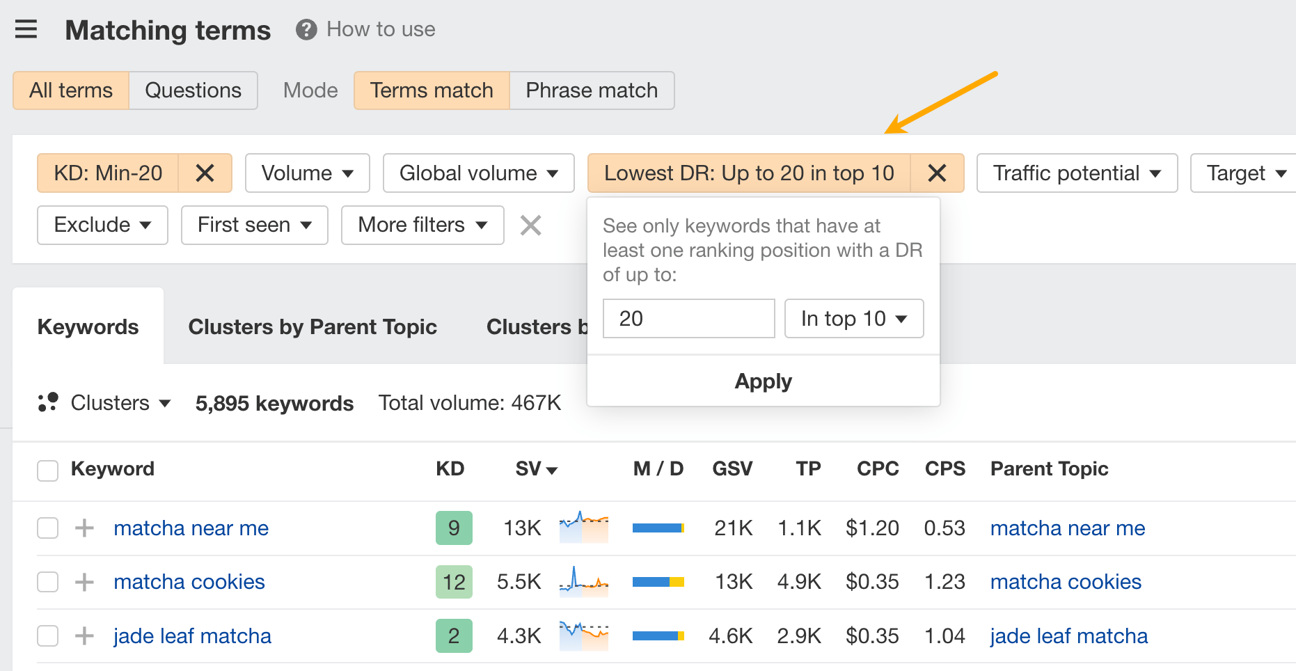 Lowest DR filter in Ahrefs. 