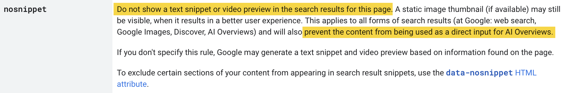 nosnippet code explanation screemshot, via Google's documentation