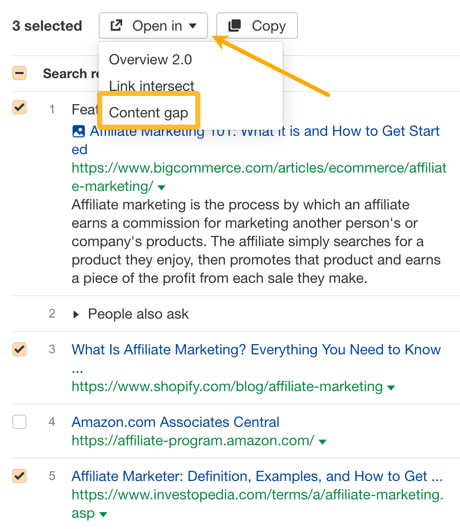 Open in content gap feature in Keywords Explorer