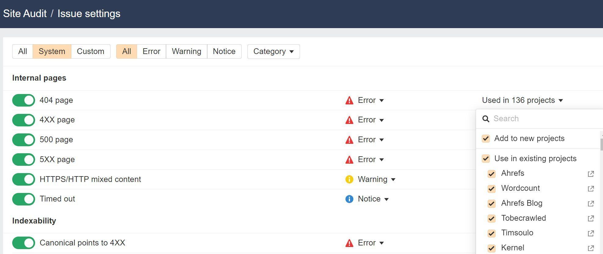 You can create custom issues and change prioritization in Site Audit