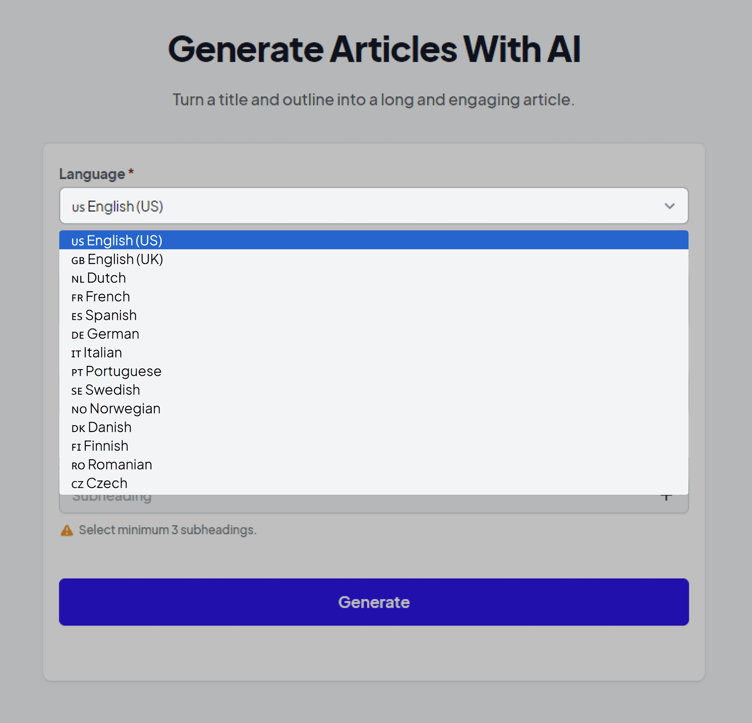 AI Writing Assistant – Languages