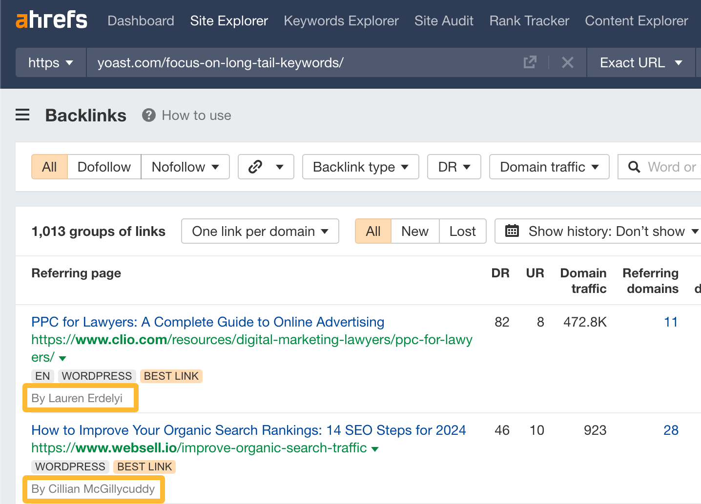 Author names in Site Explorer's reports