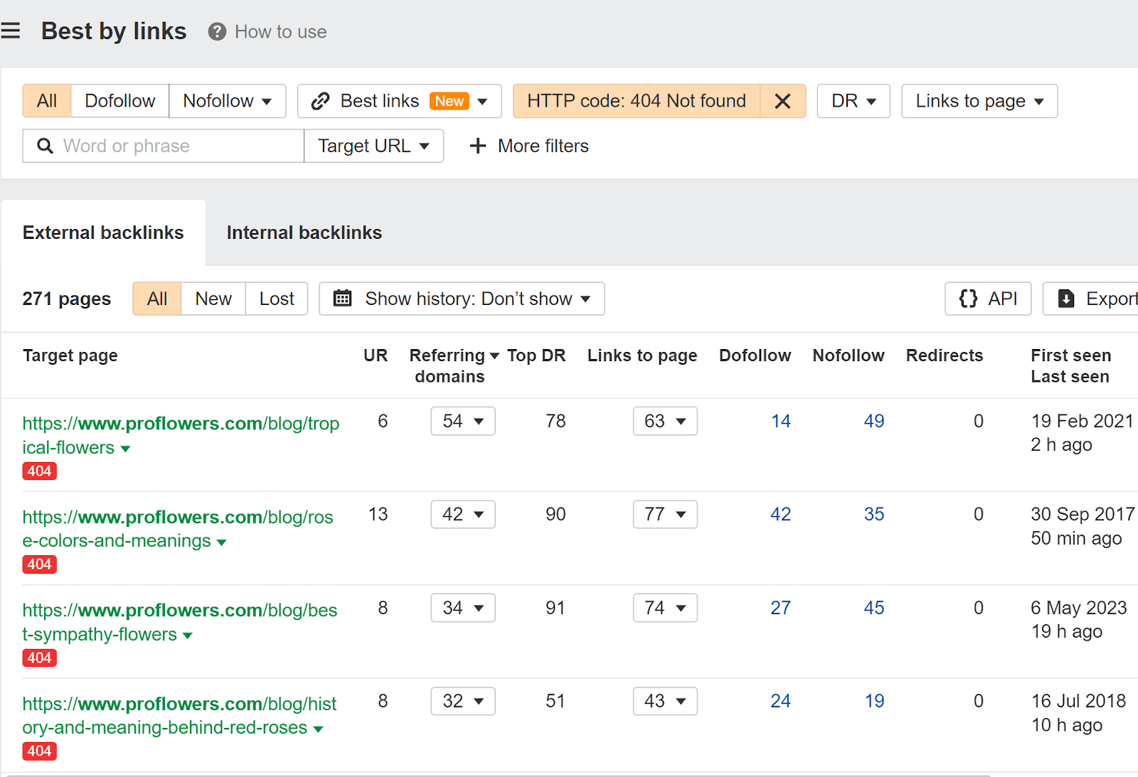 Best by links sorted to 404 to show pages you may want to redirect to reclaim link value