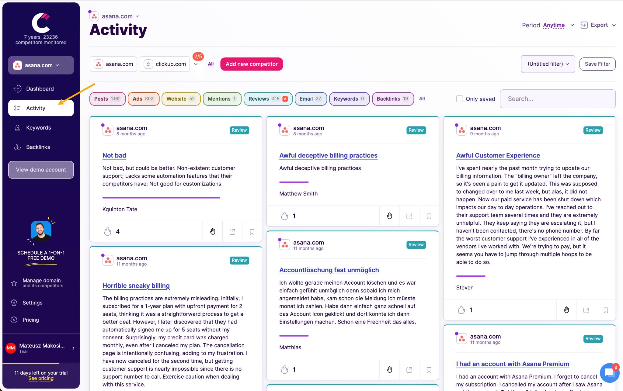 Competitors App - Activity panel 