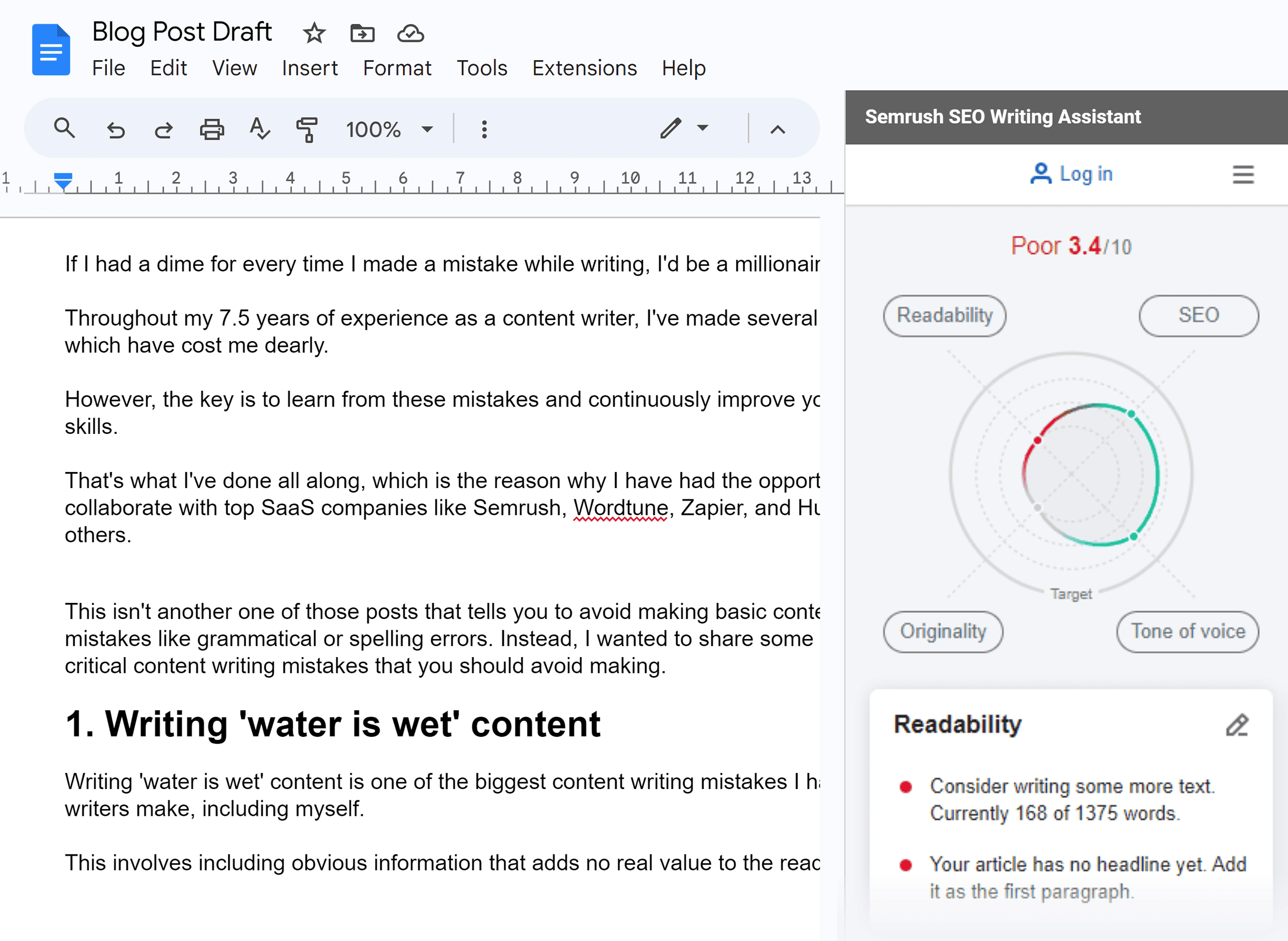 Google Docs – Semrush SEO Writing Assistant