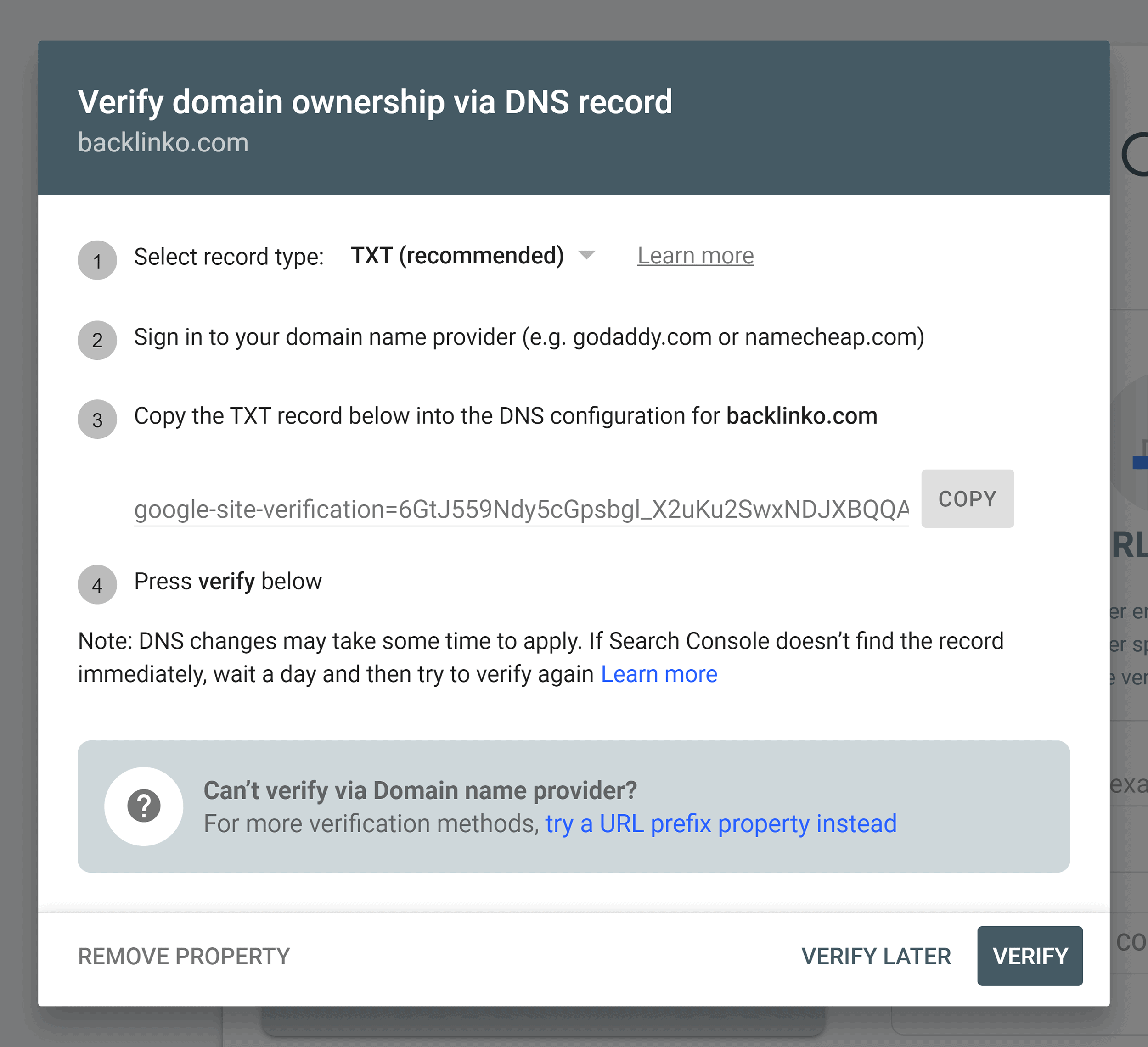 Google Search Console – Verify domain