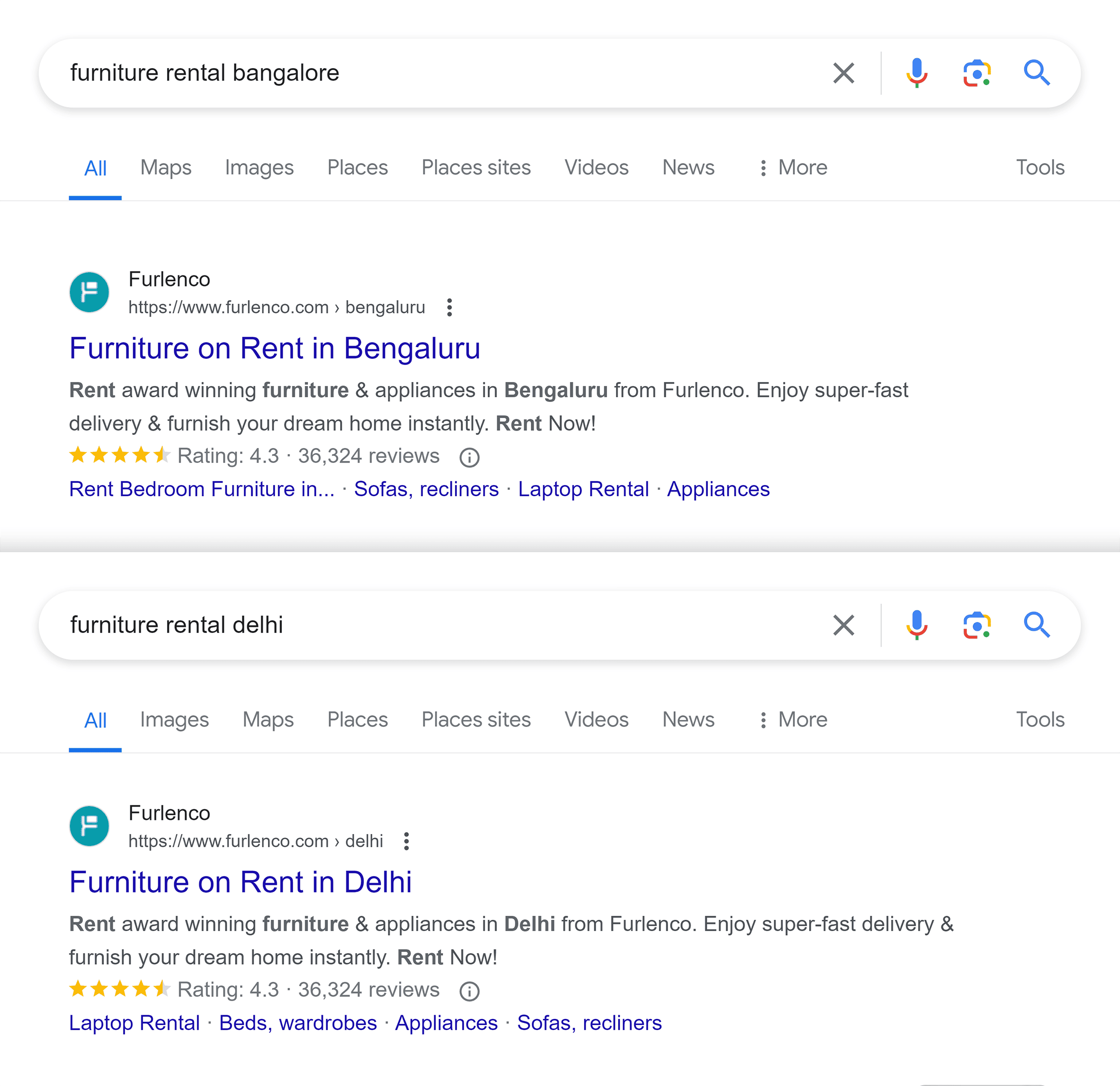 Google SERP – Furniture rental locations