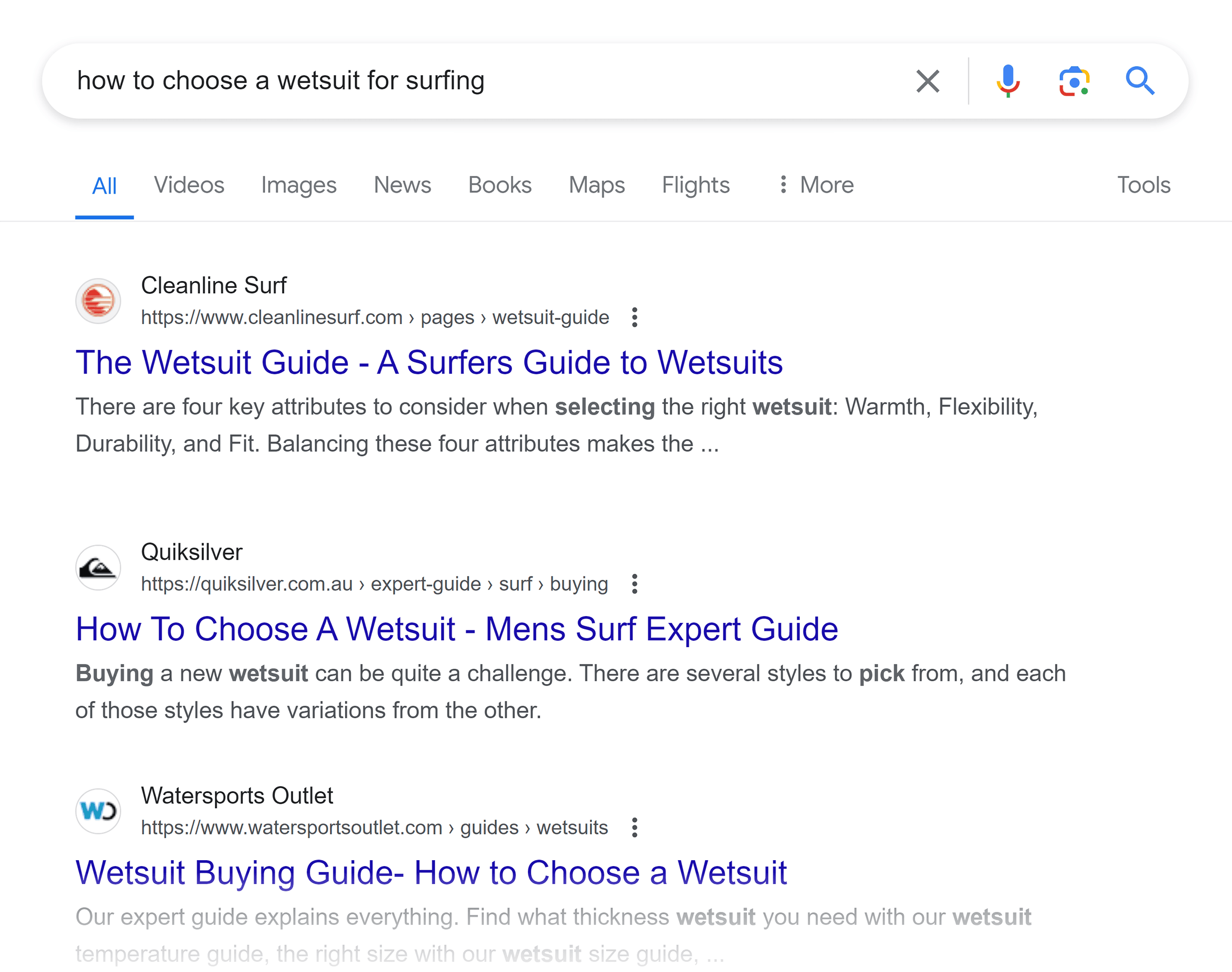 Google SERP – How to choose a wetsuit for surfing