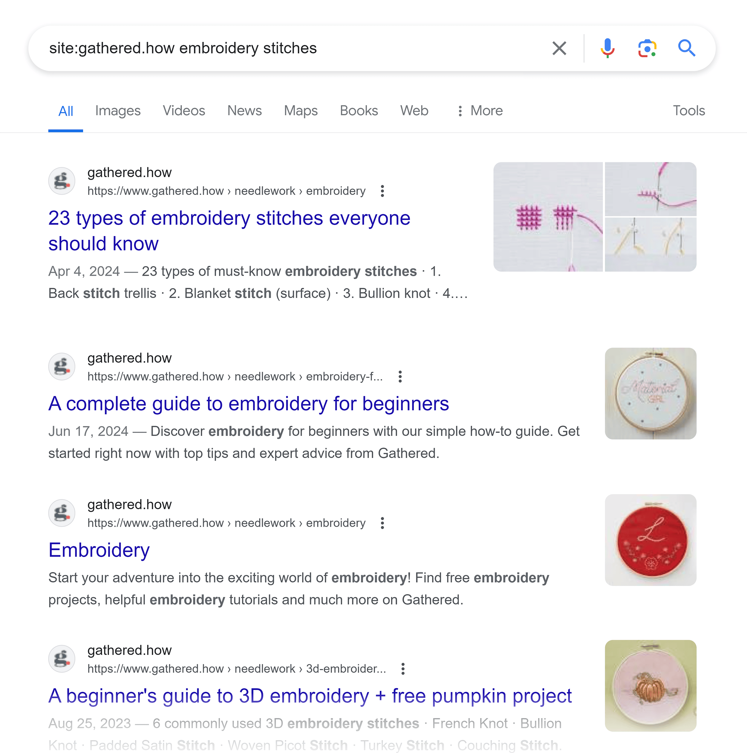 Google SERP – Site:gathered.how – Embroidery stitches