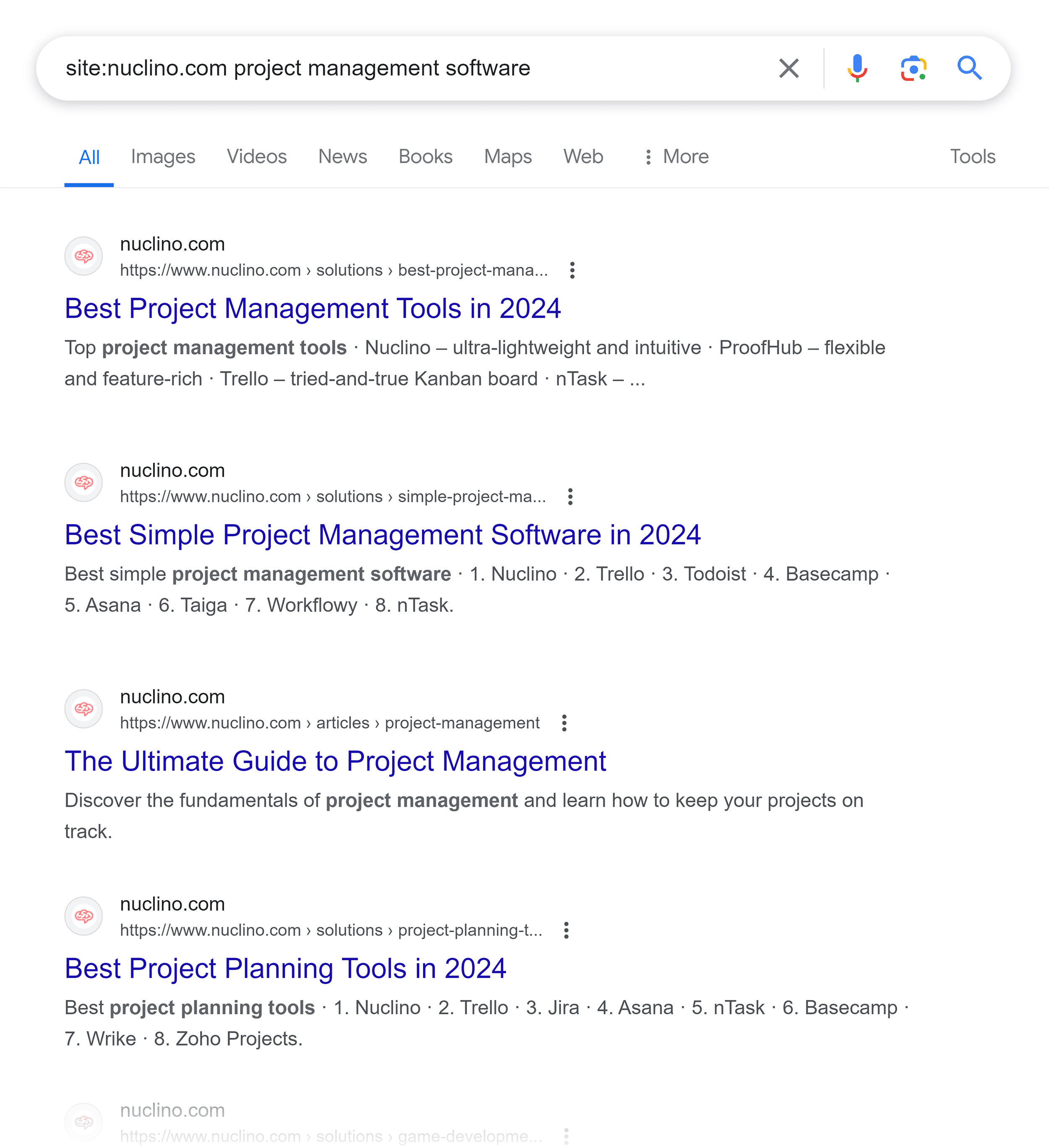 Google SERP – Site:nuclino.com – Project management software