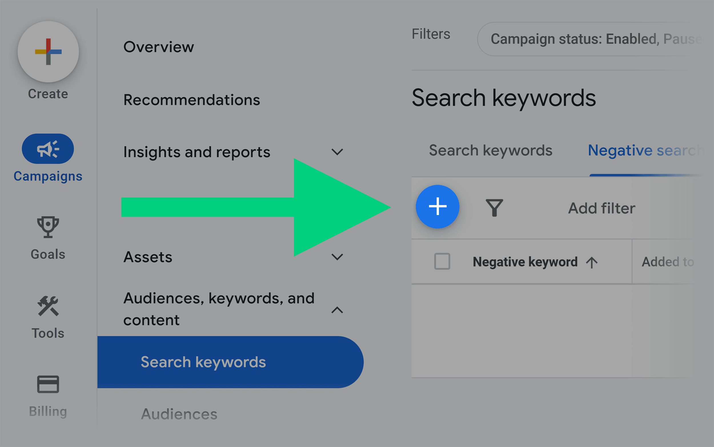 Negative search keywords – Add keywords button