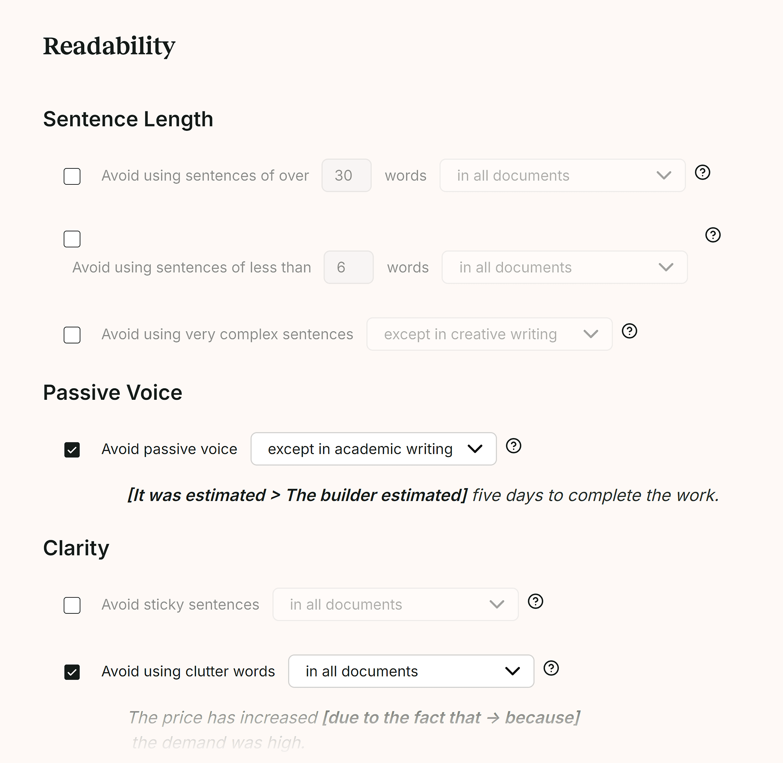 ProWritingAid – Custom Preferences Readability