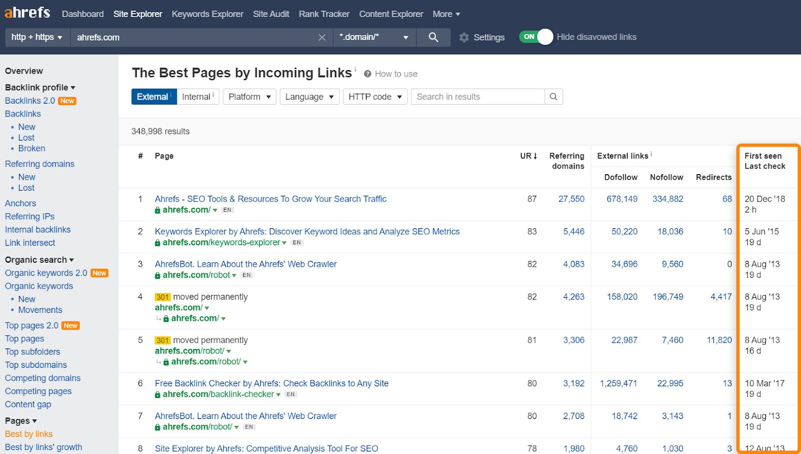 Ahrefs Best by Links report highlighting first seen last check column