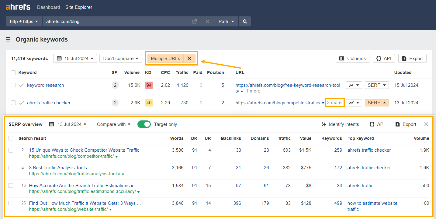 Arrow pointing to Multiple URLs filter in Ahrefs