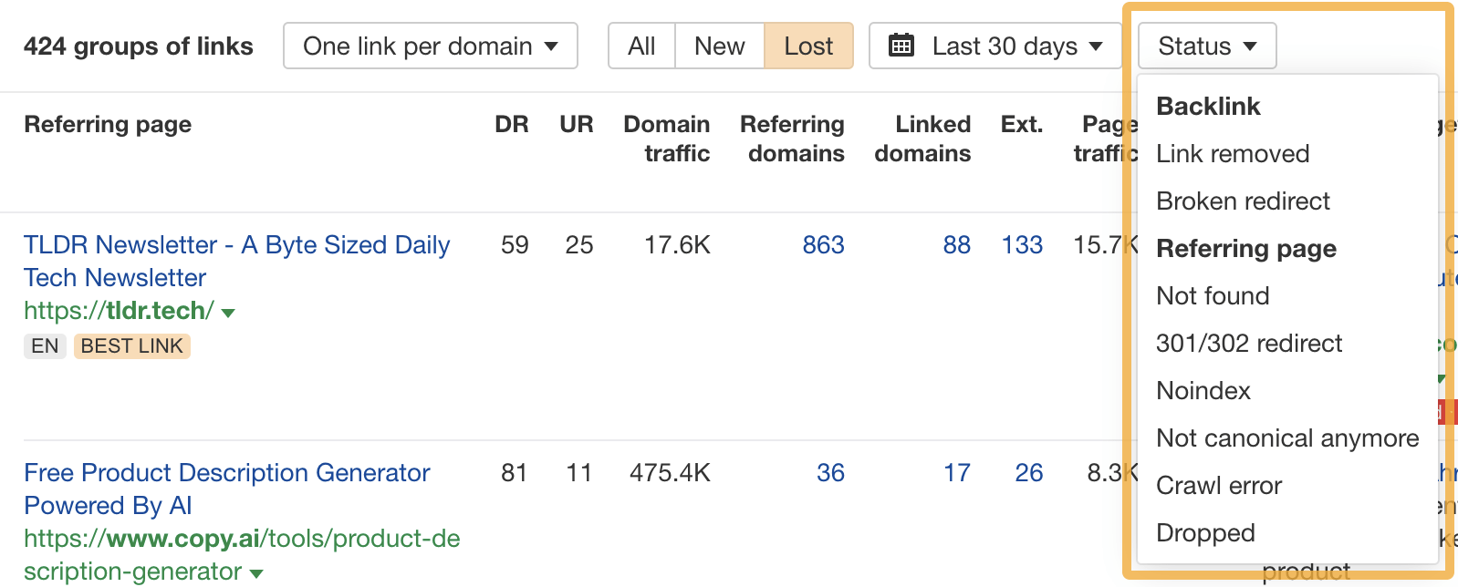 Filters for link loss reasons