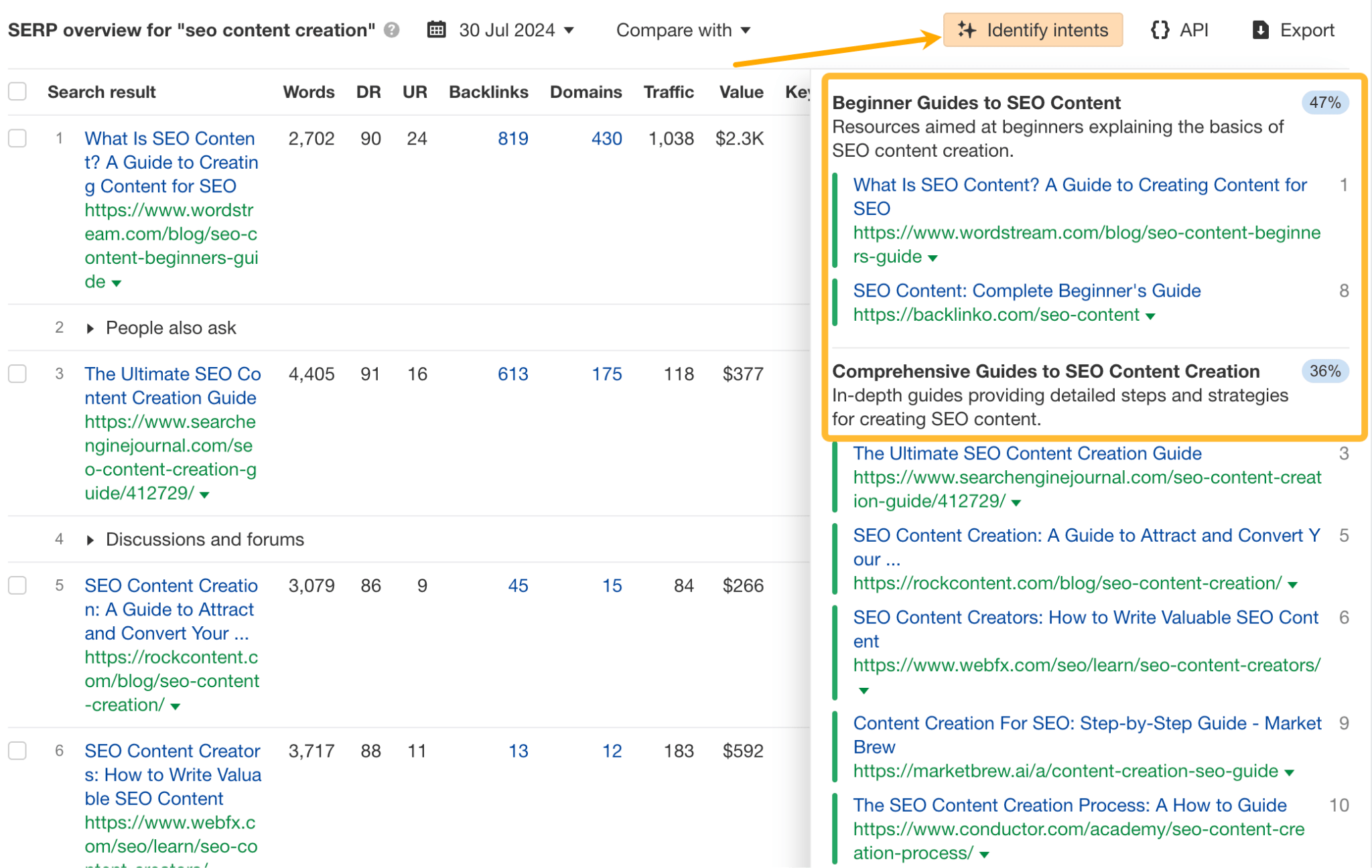 Identify intents feature in Ahrefs' Keywords Explorer