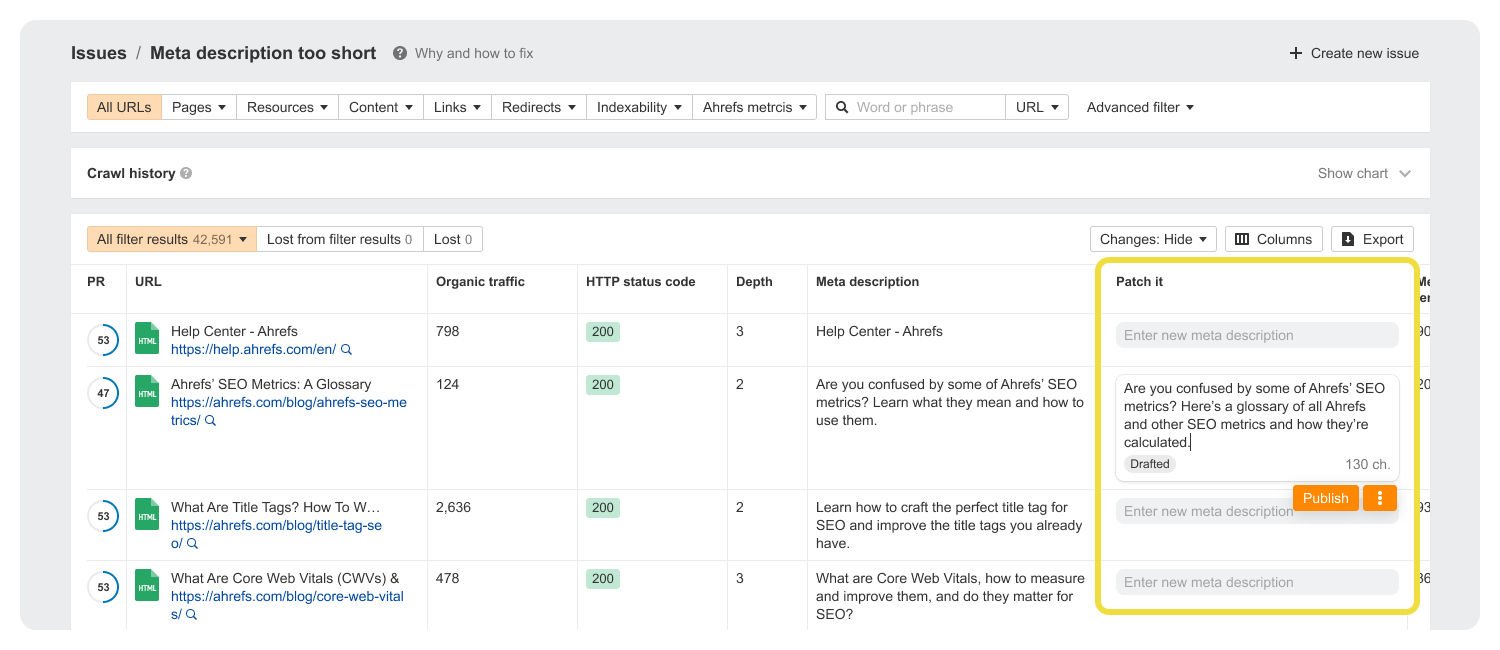 Screenshot of Ahrefs Patches tool calling out the Patch It feature