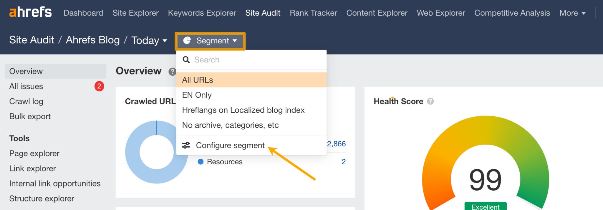 Screenshot of Ahrefs Site Audit pointing out configure segment option