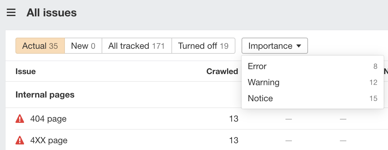 SEO issues filtered by importance in Ahrefs' Site Audit