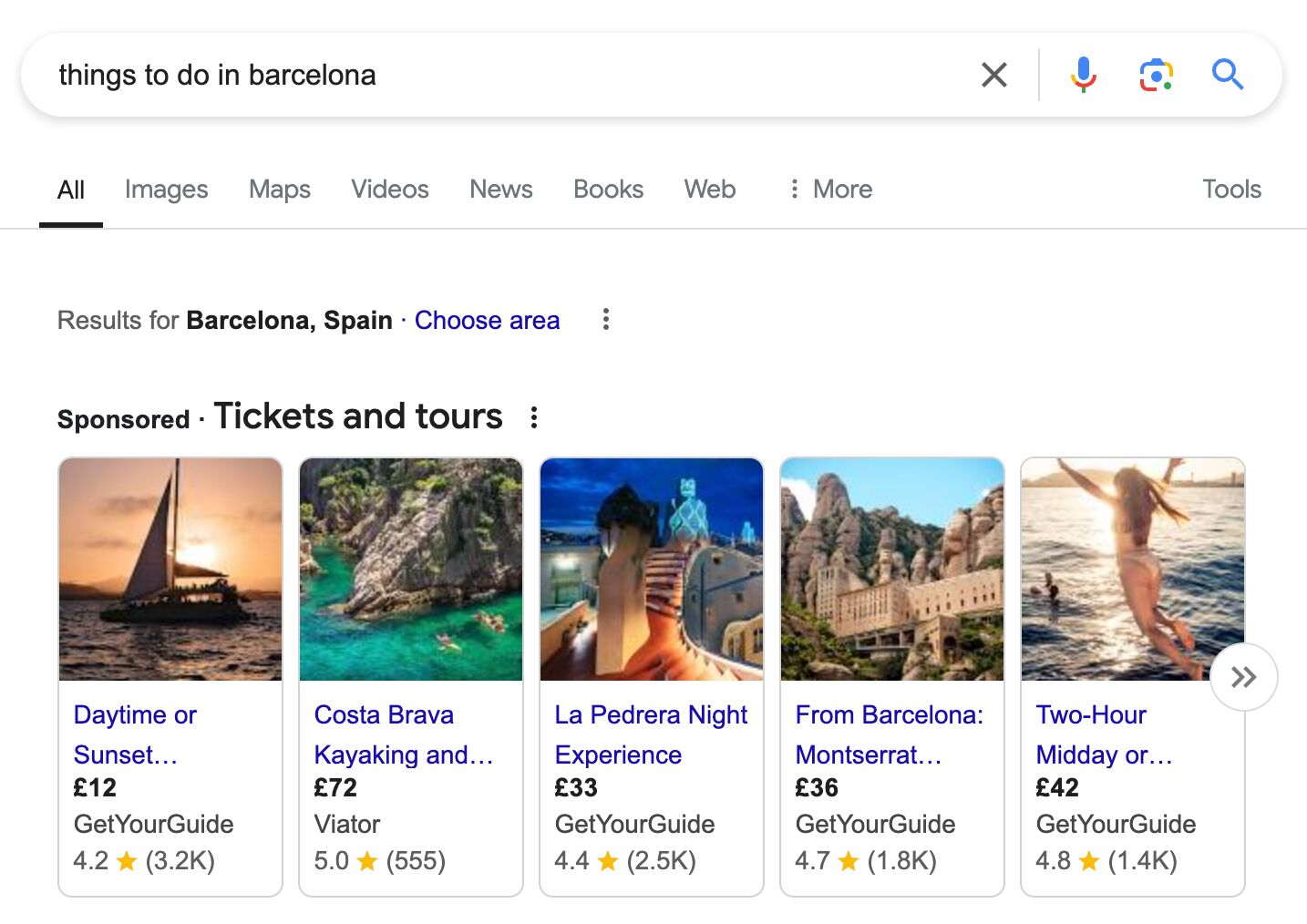 Sponsored ads for "things to do in Barcelona"