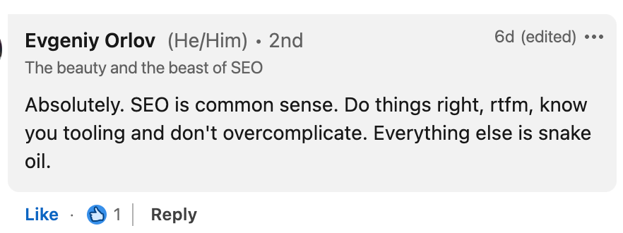 A comment agreeing with my opinion on entity SEO