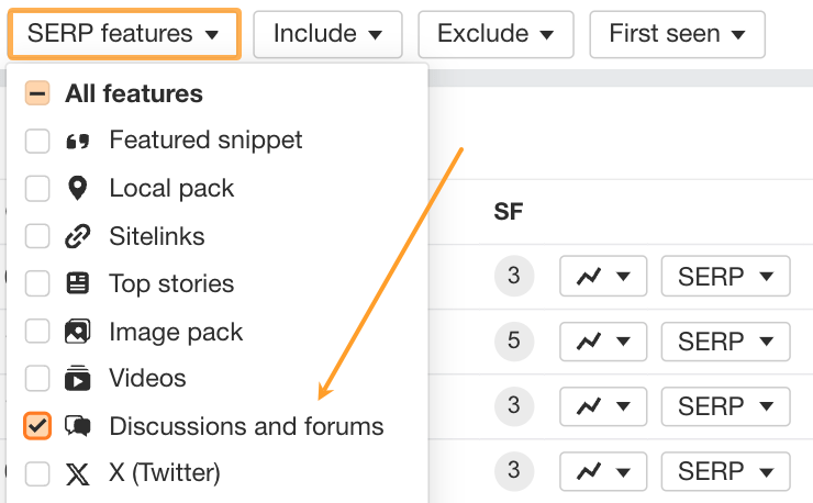 Discussions and forums filter in Ahrefs' Keywords Explorer.