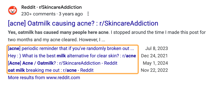 Example of Google Search results showing Reddit and how multiple people ask the same question in different ways.