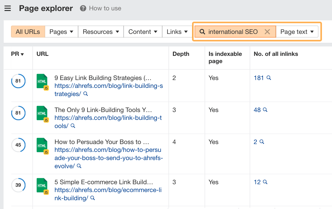 Example of using Ahrefs' Page Explorer to uncover pages that mention specific topics.