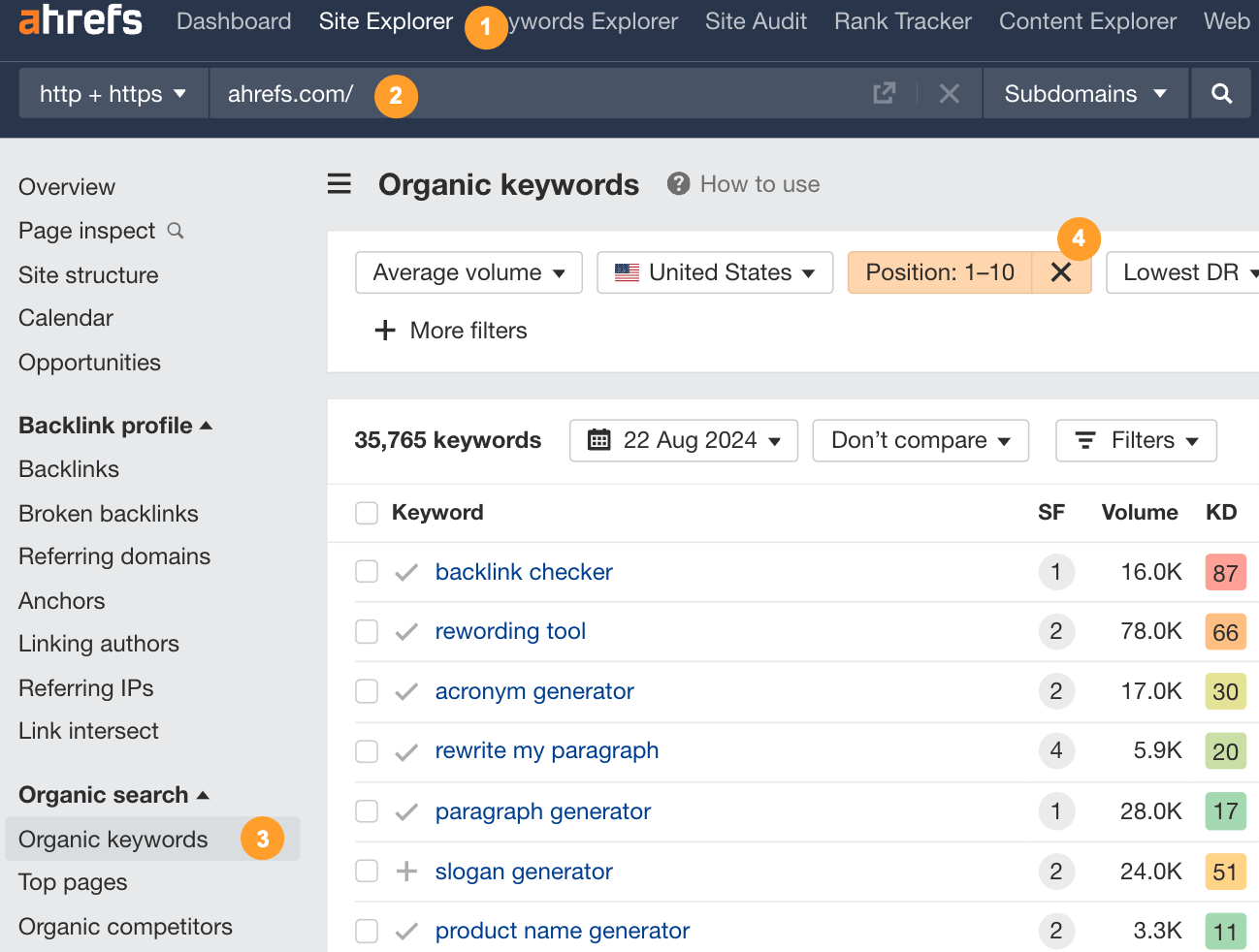 Process for using Ahrefs' Site Explorer to find keywords in the top 10 positions.