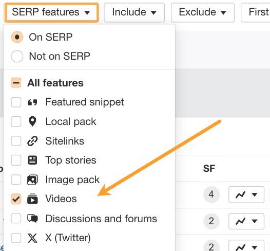 SERP feature filter in Ahrefs with "Videos" selected.